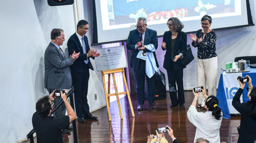 Duas mulheres e três homens, dentre os quais o reitor da Unicamp, Paulo Cesar Montagner, e o cônsul-geral da China em São Paulo, Yu Peng, estão no palco de um auditório posicionados ao redor de um cavalete, no qual está apoiada a placa de inauguração do Centro Interdisciplinar de Estudos Brasil-China.